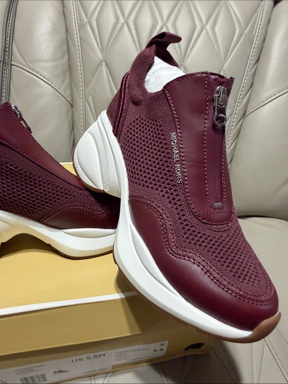 MICHAEL Michael Zuma Kors Burgundy Knit & Leather Zip Slip-On Sneakers - Picture 9 of 11
